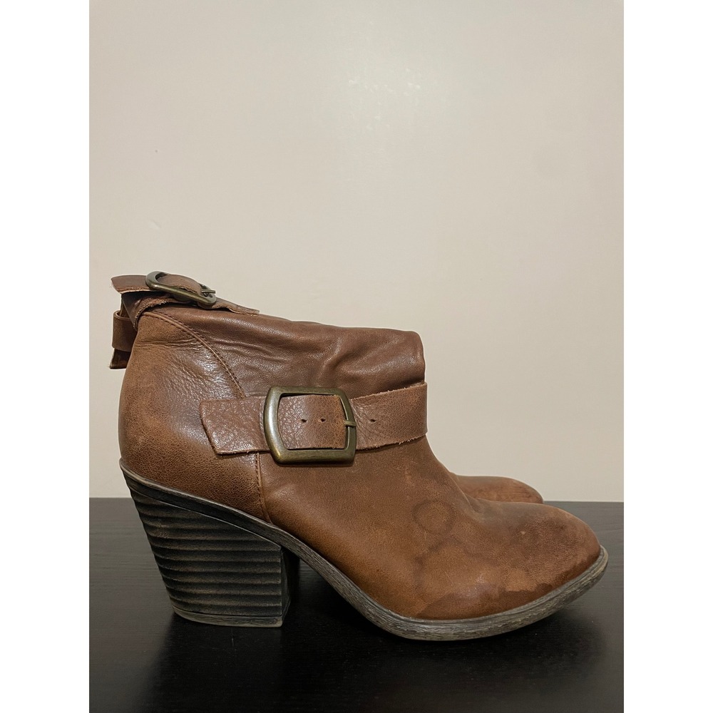 Lucky Brand Tommie Brown Leather Buckle Ankle Boots Womens 10M 40 Stacked Heel